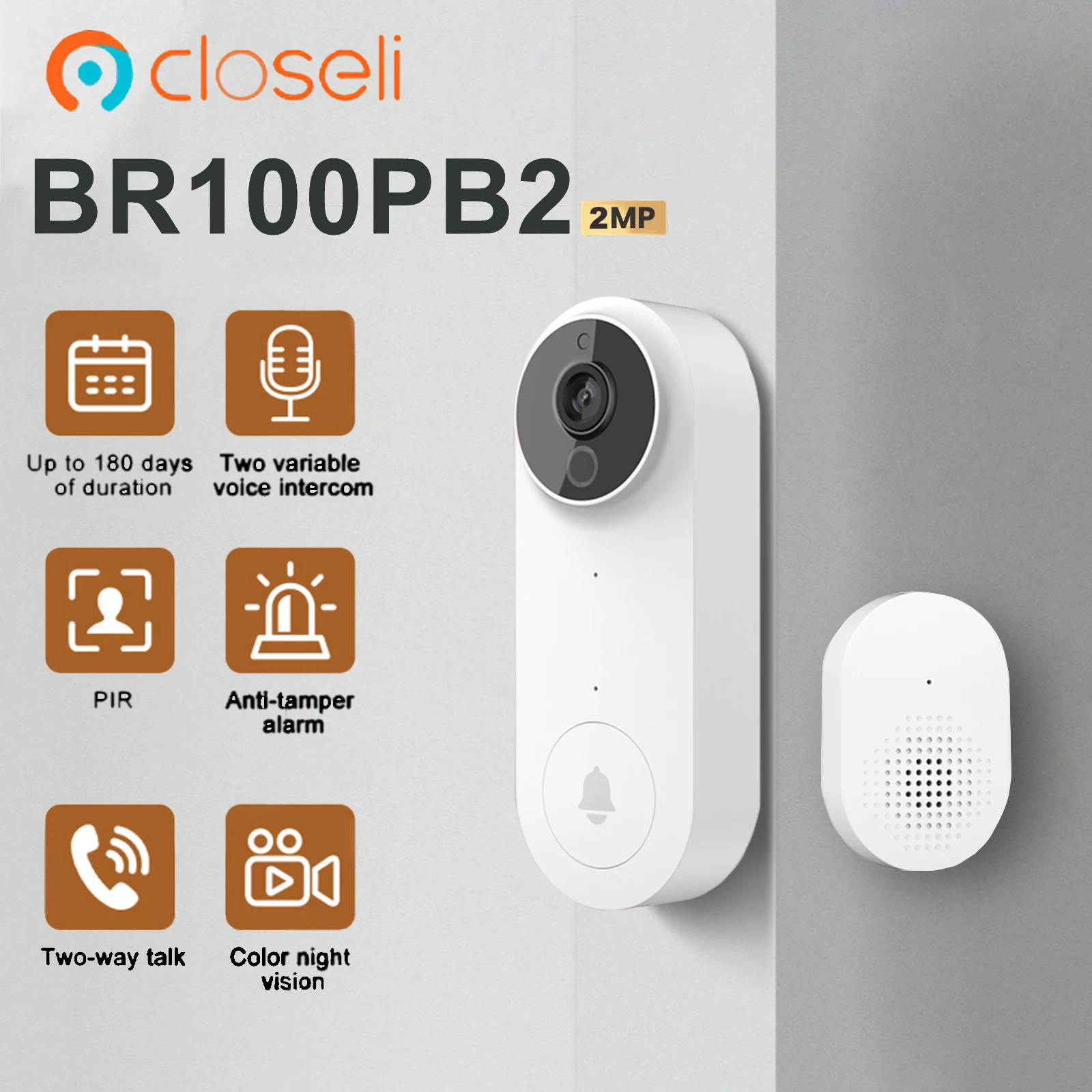 Closeli Wireless Waterproof Doorbell BR100PB2 2MP Video Intercom Door Bell with Camera Alarm Smart Home PIR Security Protection