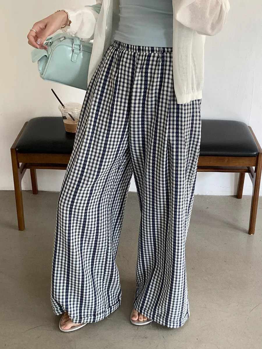 Pantaloni scozzesi Petite con design a righe in pizzo blu Donna 2025 Pantaloni lunghi dimagranti drappeggiati a vita alta nuovi estivi