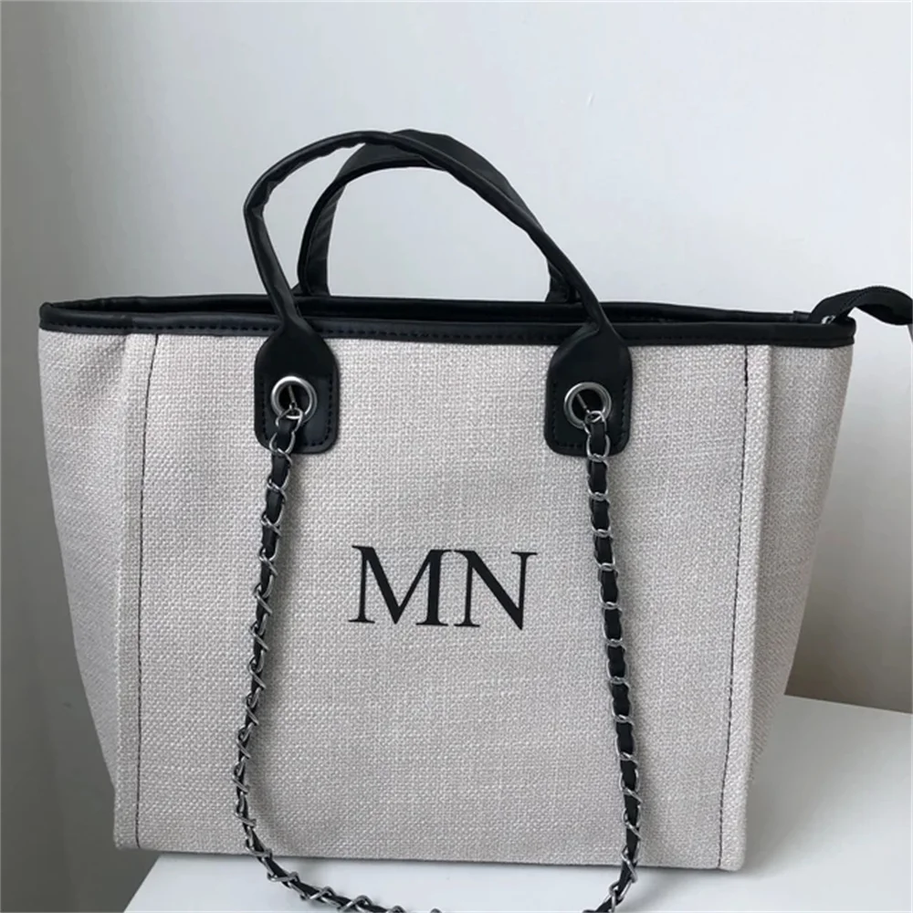 Personalised Monogram Canvas Cream and Black Tote Bag| Initial Bag | Handbag | Beach Bag | Bride Gift | Birthday Gift! Chain tot