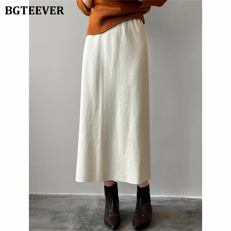 

BGTEEVER осень-зима повседневные свободные женские однотонные прямые трикотажные юбки элегантные женские свитера с высокой талией юбки с разрезом