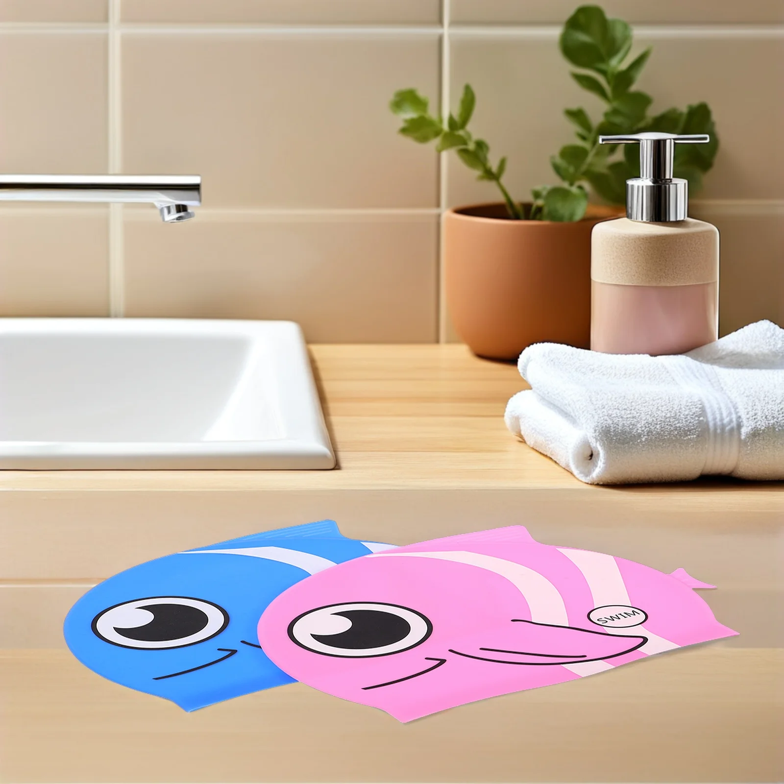 

2Pcs Kids Silicone Fish Swim Cap Cartoon Waterproof Swimming Hat Stretchable Ear Cover for Boys Girls Water Cap