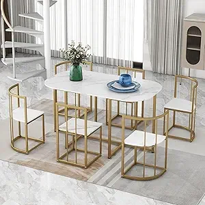 7-piece dining table and chairs set for small spaces, faux marble kitchen table, modern style dining table set Dining Room Sets