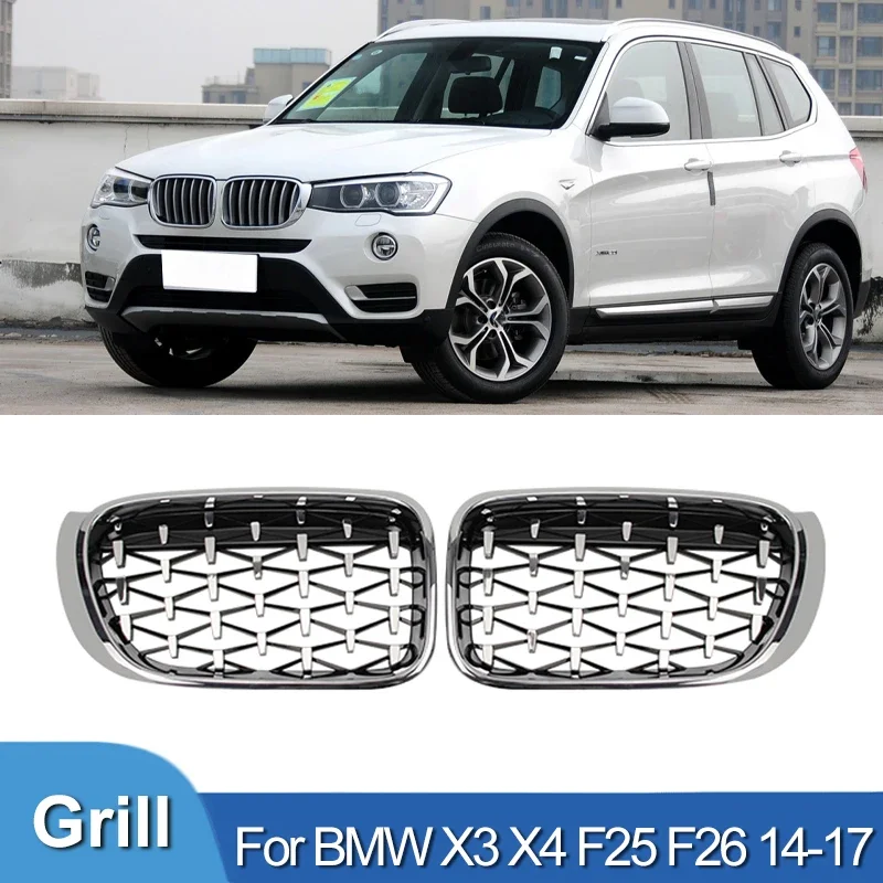 

Car Front Grille Racing Grills Diamond Kidney Grilles For BMW X3 X4 F25 F26 2014 2015 2016 2017 Chrome Meteor Style Gloss Black