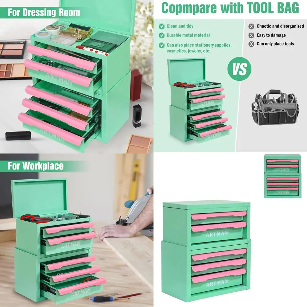 

Portable Metal Desktop Tool Chest with Stackable Storage, Organizer for Office and Small Parts - Green/Pink
