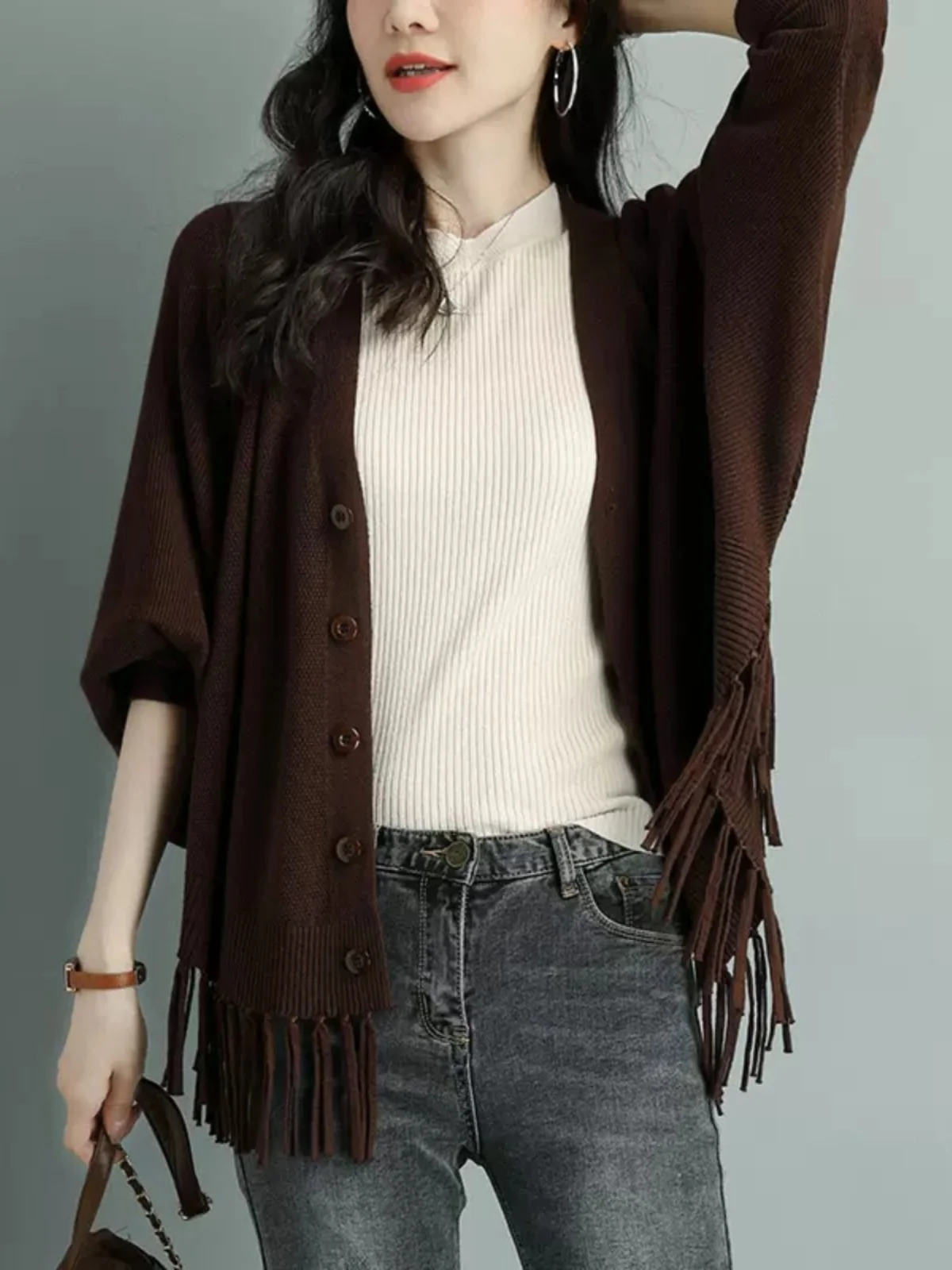 plus Size Autumn Winter Knitted Cardigan Pure Color Tassel Trim Belly Covering 300 Pounds Women's Fashion Korean Loose Fit Coat