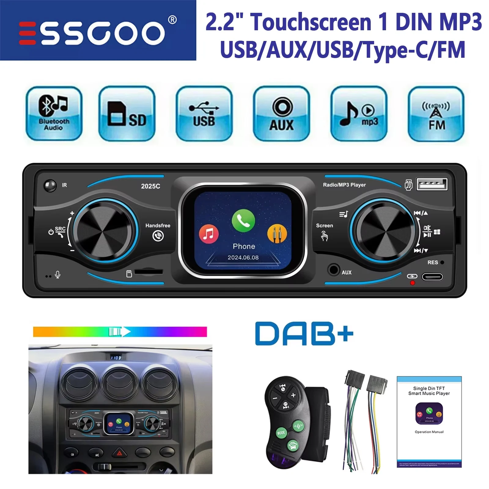 ESSGOO Universal Autoradio Einfach 1 Din MP3 FM Player 2.2 Zoll Touchscreen Bluetooth 6.0 Freisprecheinrichtung USB/AUX/Typ C/TF SD Karte mit DAB+ 7-Farben Fernbedienung