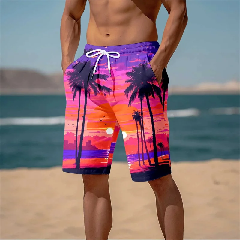 Summer New Harajuku 3D Cocoanut Trees Printing Beach Shorts Palm Tree Graphic Board Shorts For Men Hawaiian Cool Swimming Trunks