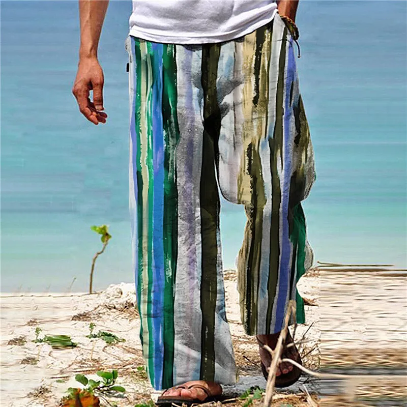 

Men's Summer Casual Wide-leg Pants Colorful Striped 3D Printed Fashion Straight-leg Pants Hawaiian Beach Slacks