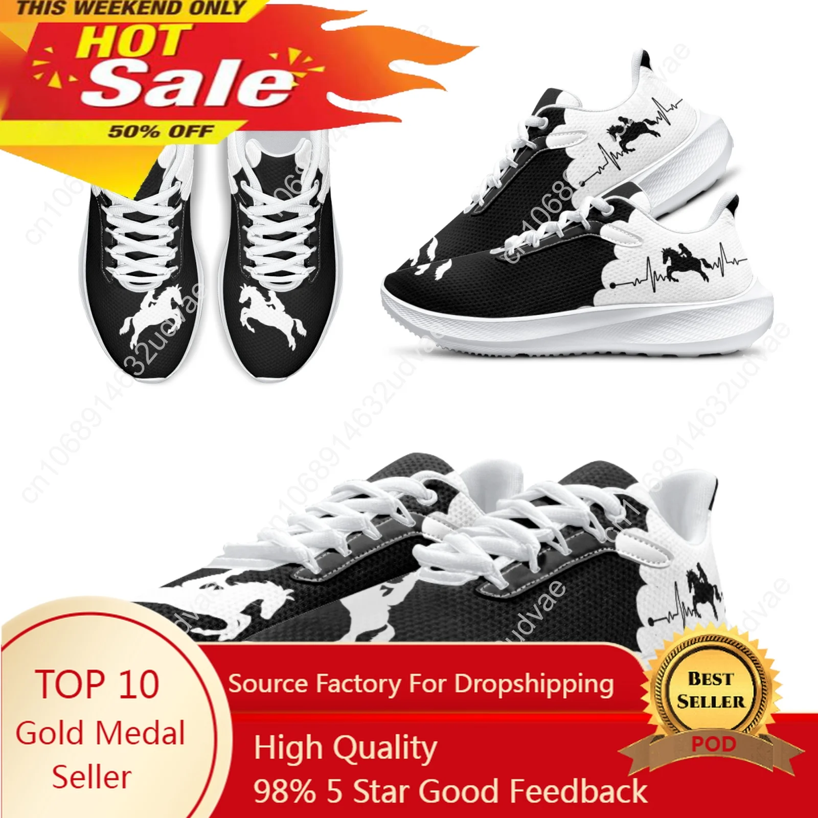 

Black Horse Print Luxury Brand Running Shoes Comfortable Lace Up Girls Tennis Shoes Soft Breathable Fitness Shoes