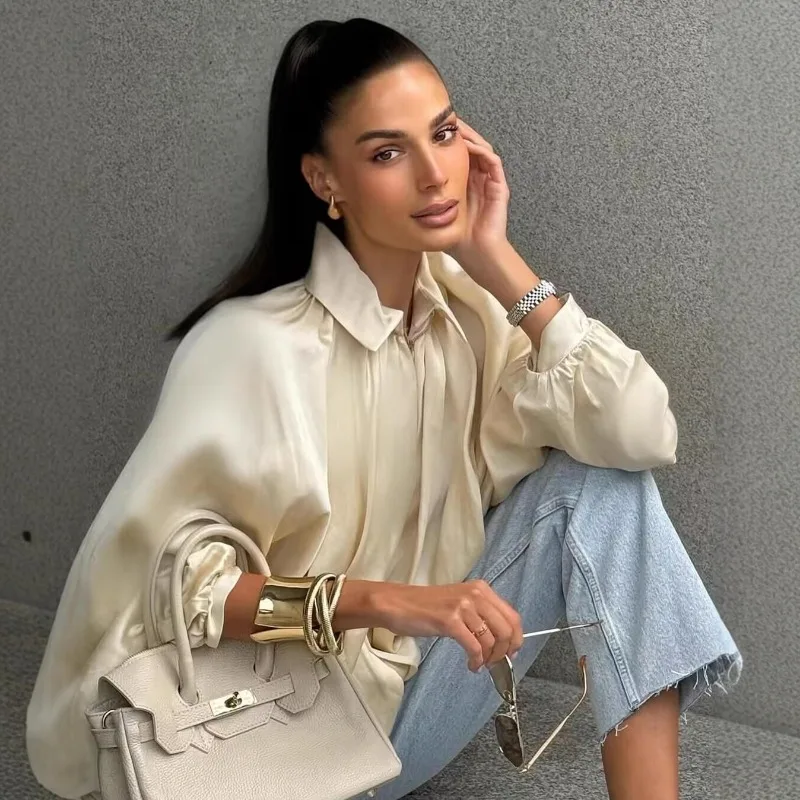 Women Lapel Ruched Zip Front Blouse Lantern Long Sleeve Loose Casual Shirt Top
