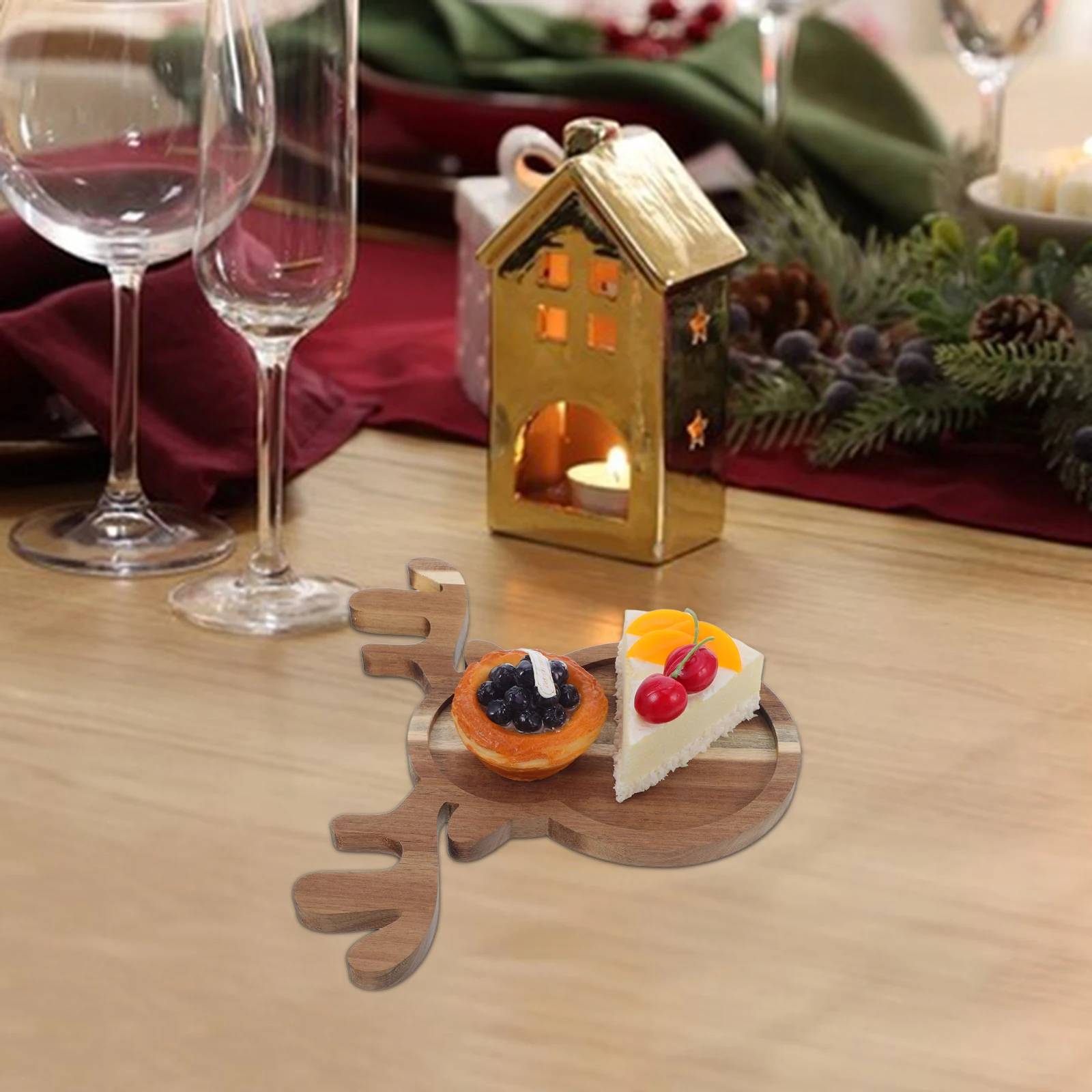 Food Wooden Christmas Tray Elk Reindeer Serving Platter Candy Brown Bread Board Antler Shaped Plate