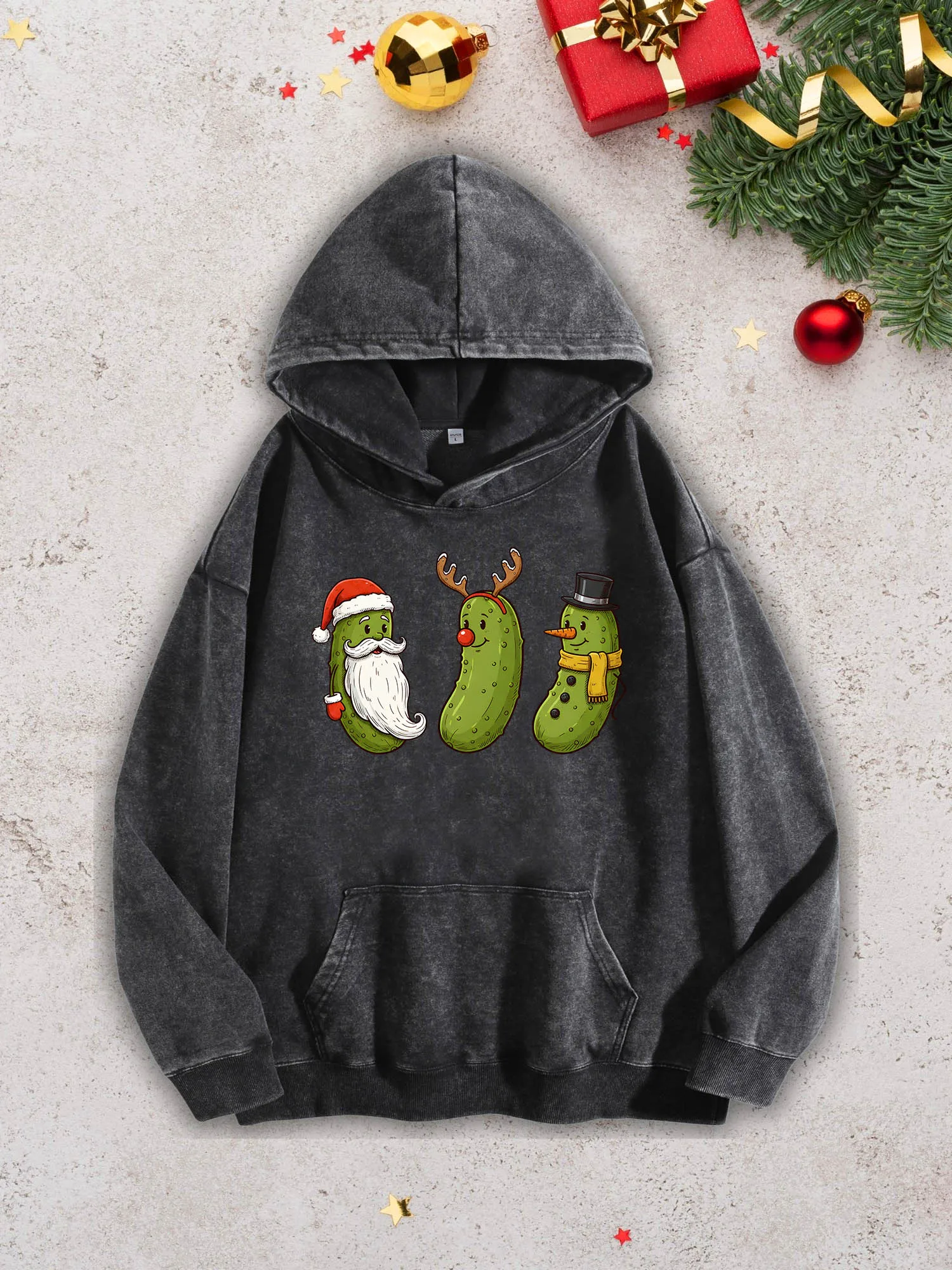 Funny Christmas Pickles Men's Heavyweight Hoodie - Acid Wash Retro Black Pullover, Fall & Winter Sweatshirt 400Gsm