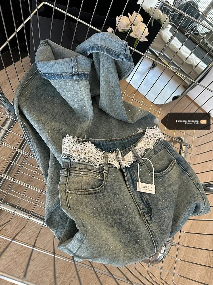 

High Waist Wide Leg Jeans Women's Summer New Style Glitter Diamond Lace Waist Loose Fit Floor Length Trousers Retro Style Pur...