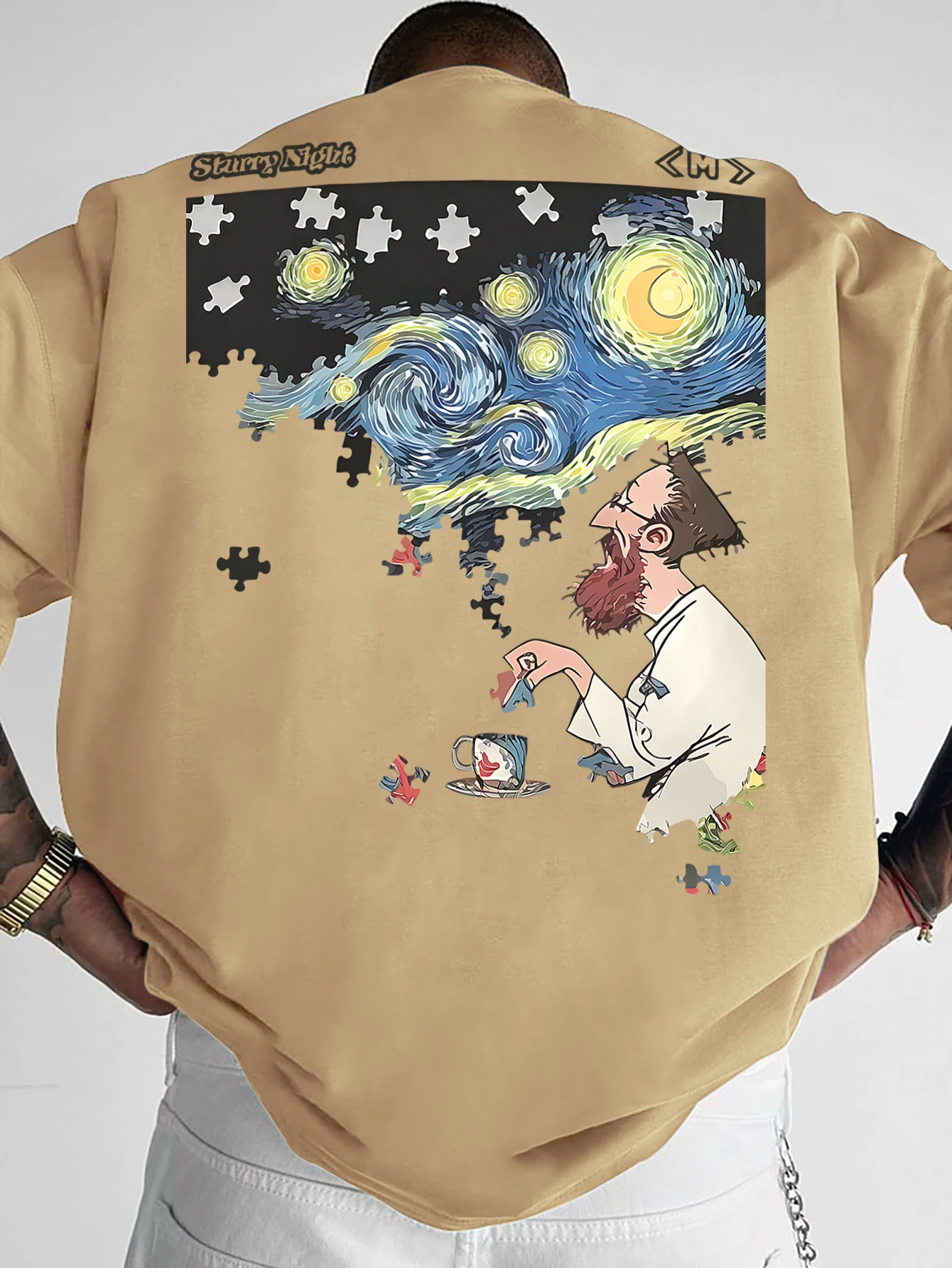 Men's Starry Night Puzzle T-Shirt Van Gogh Art & Cartoon Print Streetwear Crew Neck Short Sleeve Polyester Casual Tops S-XXL