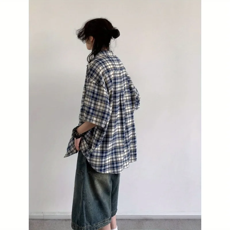 Japanese Youth Style Men Women Plaid Patch Pocket Short Sleeve Shirt Denim Capri Shorts Casual Outfit Set - view 4