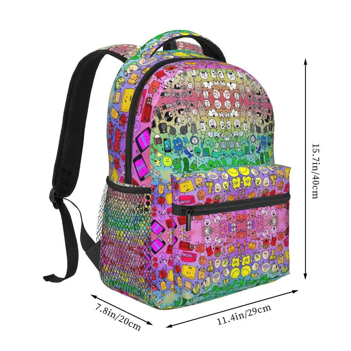 BFDI Inanimate Insanity All Characters (Rainbow) Student Backpack Hiking Travel for Boys Girls Fashion Bookbag Shoulder Bags