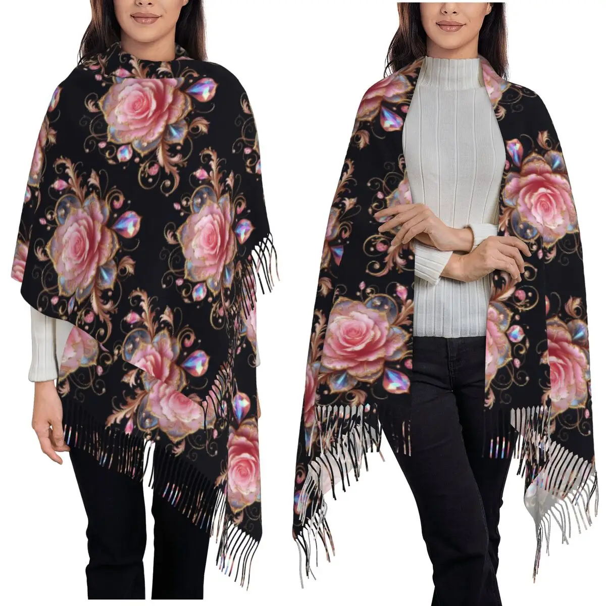 

Богатый дизайн и красивые розы Шарф Шарфы с кисточками для женщин Мягкие теплые шали и накидки Большая осенне-зимняя шаль