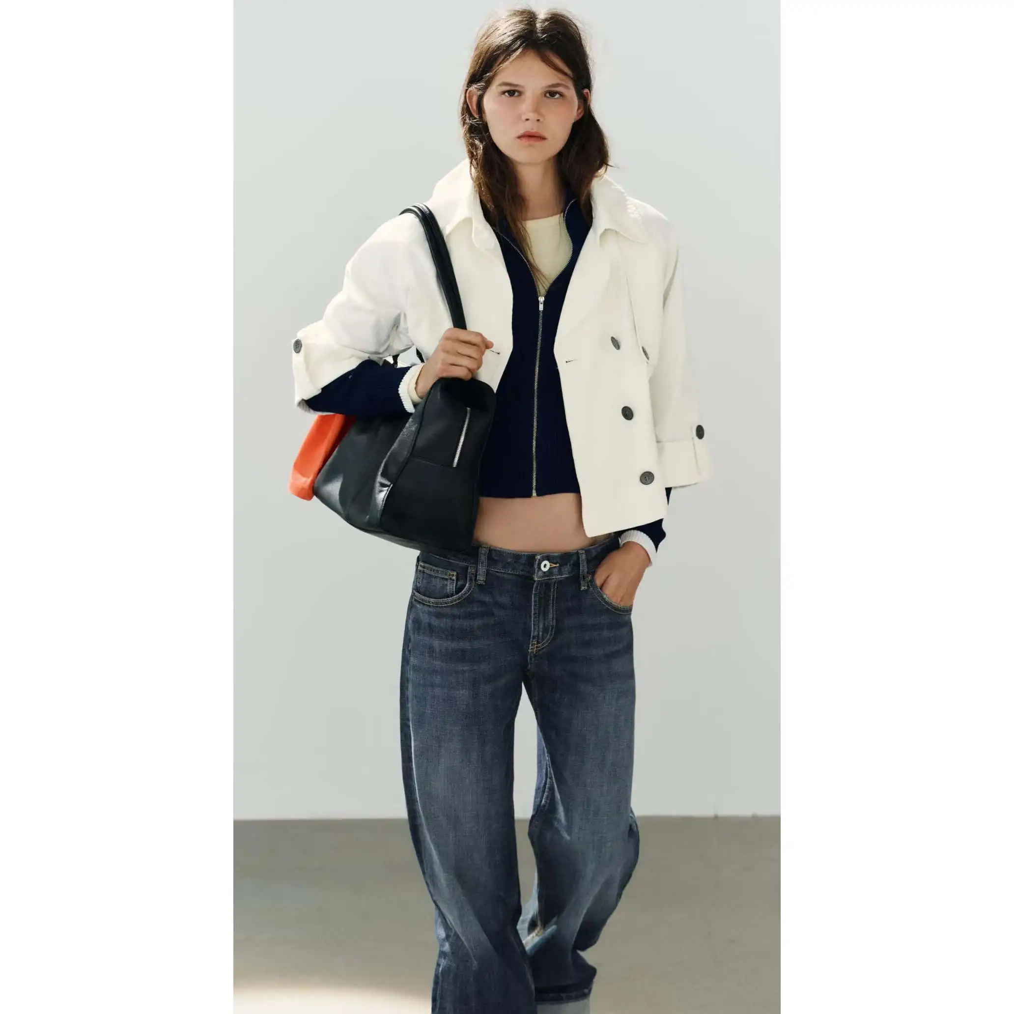 Early Autumn New Arrival Women's Fashionable ZR Style Short Coat with Buttons Polyester Fiber Loose Fit Long Sleeve Turn-down...