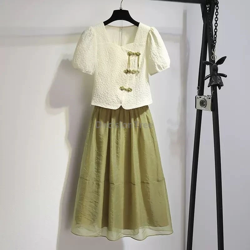 

2025 gentle sweet women daily clothing set chinese style improved retro trendy irregular qipao top simple versatile fairy skirt