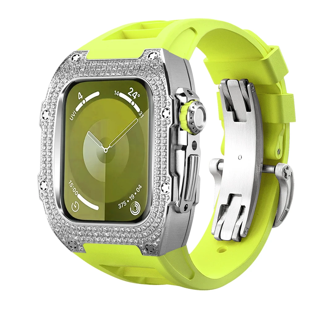 For Apple Watch Mod Kit Luxury Diamond Stainless Steel Inlaid Accessories Suit 44/45mm Fashion Series Apply toseries Green band