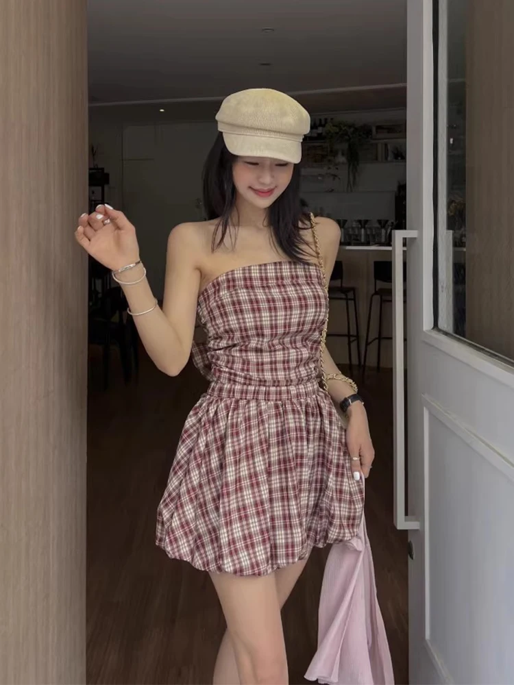 

Liangliang Bal Strap Vest Women's Summer New Vintage Plaid Skirt Set Tie Dye Crop Top Skirt Two Piece Outfit