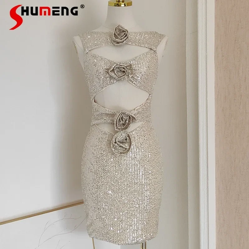 

2024 New French Sexy Slim Fit Sleeveless Vestidos Sequined Mesh Three-dimensional Flower Hollow Waist Hip Dress Women's Clothing