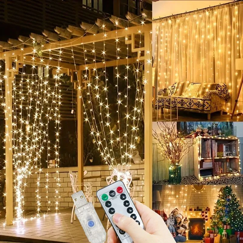 USB Plug LED Curtain Lights Christmas String Lighting 2025 New Year Wedding Party Bedroom Holiday Home Decoration Light String