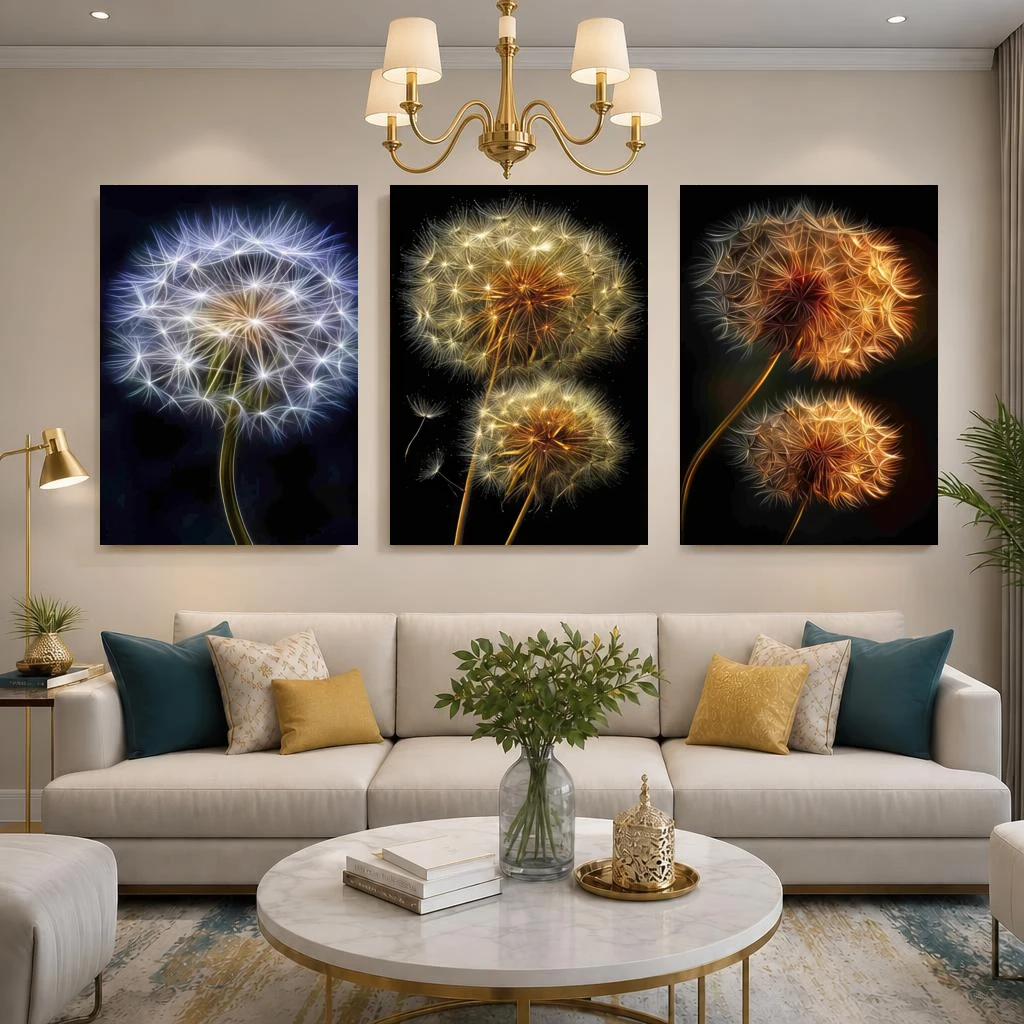 2D Flat, 3pcs Modern Boho Glowing Dandelion Wall Art - Tri-Color Abstract Frameless Suitable for Living Room, Panel Suitable