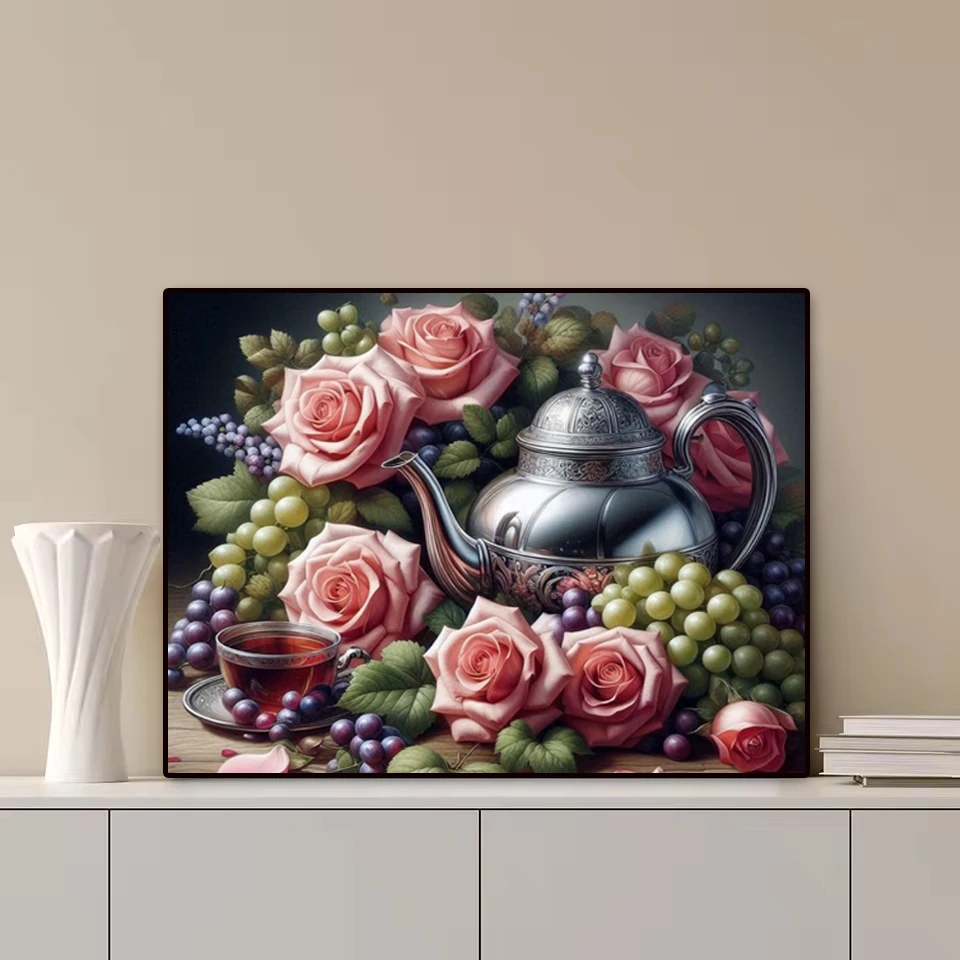 5D DIY Diamond Art Painting Rose Grape Teapot Full Diamond Mosaic Cross Stitch Diamond Embroidery Kit Home Kitchen Diner Decor