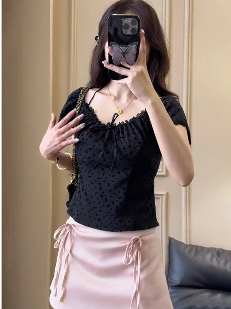 Sweet And Spicy Girl Lace Trim Neck Hanging Short Sleeve Shirt Women Summer Versatile  Knot Half Skirt Two Piece Set