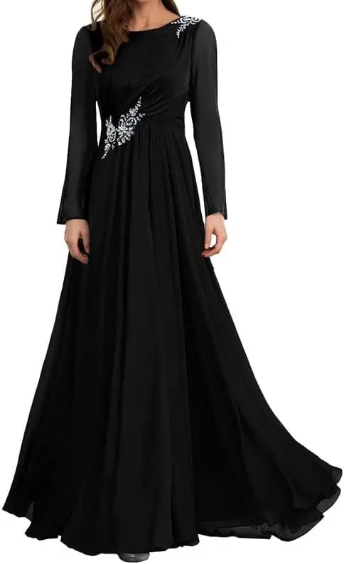 Kleider für die Mutter des Bräutigams mit Spitzenapplikationen, lange Ärmel, Chiffon, Rüschen, formelles Abendkleid