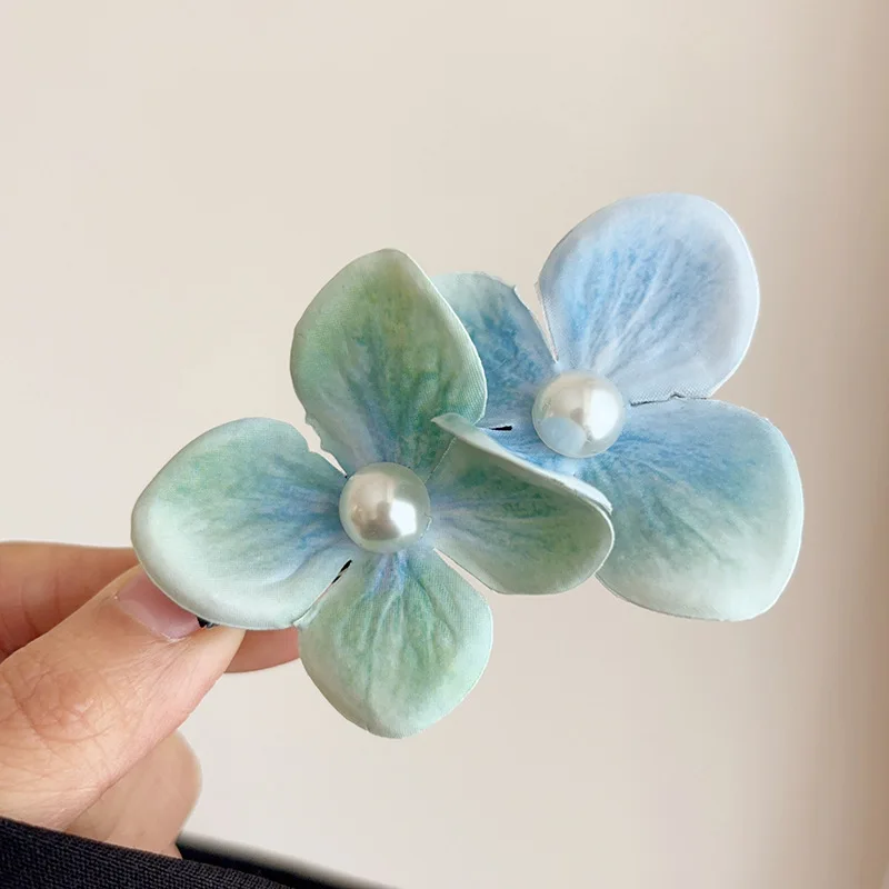 Cute Green Blue Flower Pearl Ear Clips for Women Korean Fashion Side Bangs Barrette Styling Hairpins Girls Kpop Hair Accessories