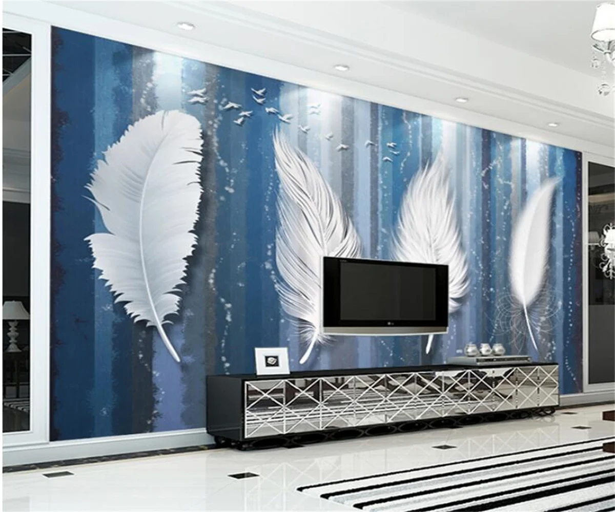 

papel tapiz blue vintage Nordic feathers 3d stereo TV background wallpaper living room sofa indoor bedroom decoration mural