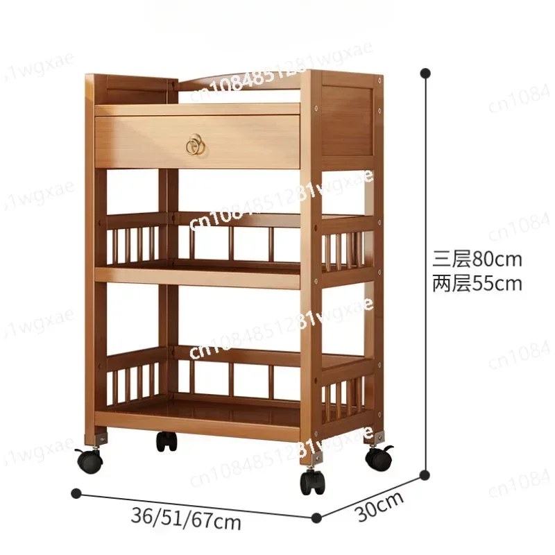 Storage Cart with Multiple Drawers, Microwave Oven Rack, Natural Bamboo Storage Rack, Mobile Pulley, Kitchen Furniture