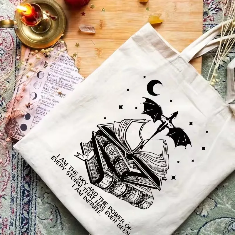 Dragon Themed Canvas Tote Bag Fourth Wing Basgiath War College Inspired Reusable Shopping Bag Foldable Eco Friendly Women Gift