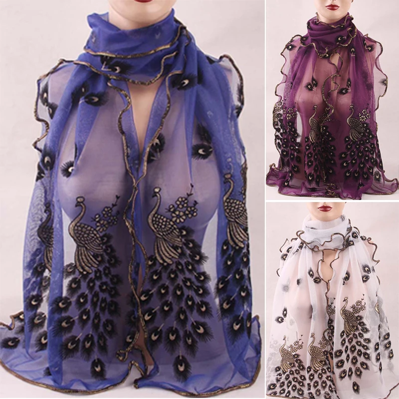 1PCS 190*40CM Women Lady\'s Silk Scarves Shawl Stole Peacock Scarf Transparent Long Fashion Chiffon Soft Wrap