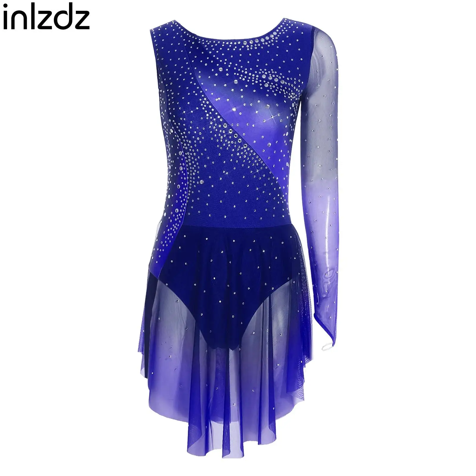 

Rhythmic Gymnastics Leotard Womens Figure Skating Leotard Dress One Sleeve Gradient Rhinestones Bodysuit Ballet Dance Costume