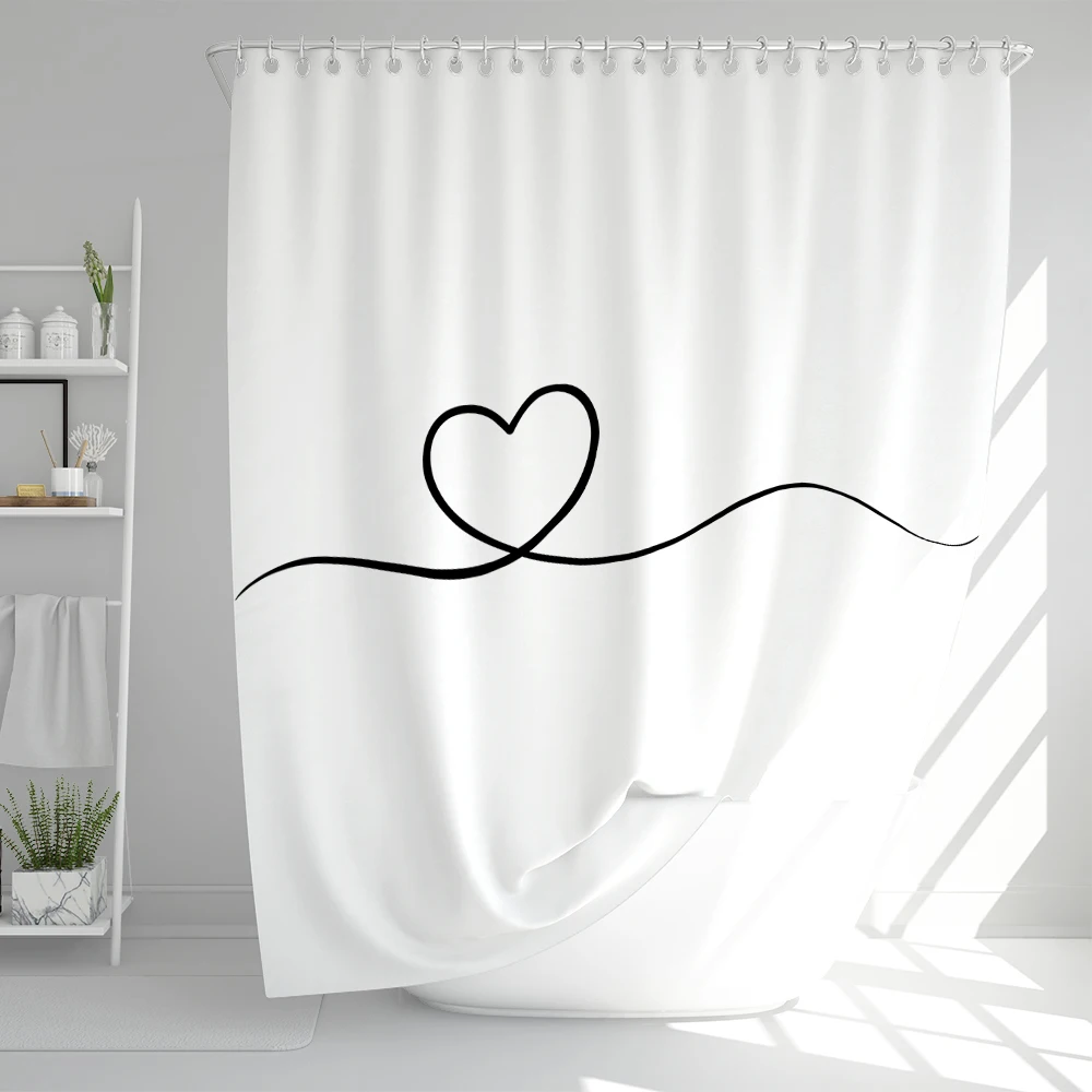 180x180cm Simple White Heart Shower Curtain Set Colored Vertical Stripes Fashionable Bathroom Decoration With Plastic Hooks