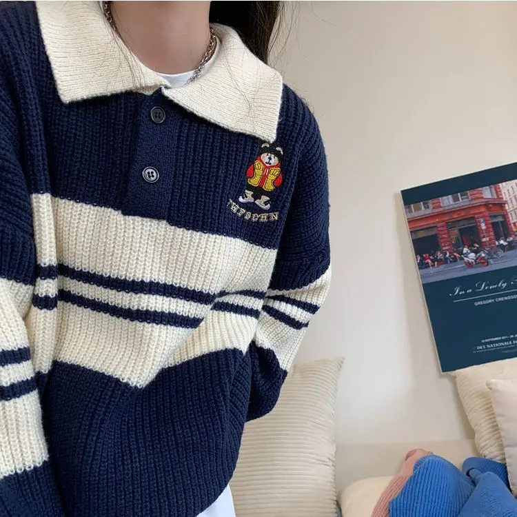 Color Block Striped POLO Collar Sweater Embroidery Pullover Winter Harajuku Varsity Student Kawaii Clothes Loose Long Sleeve Top