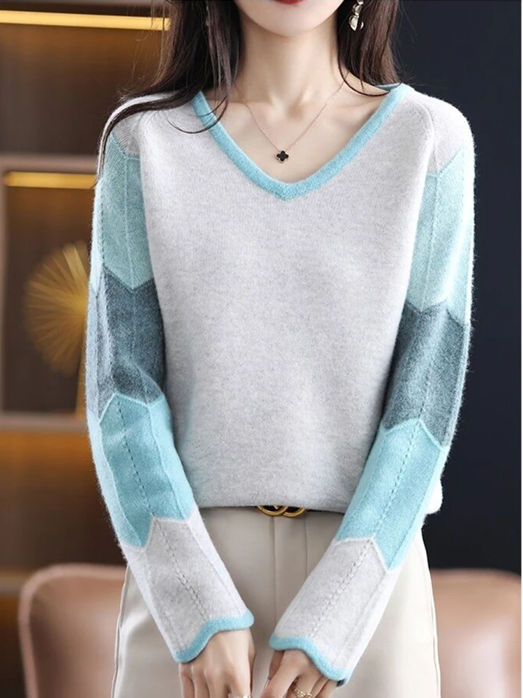 Fashion Patchwork Women Autumn Winter Sweaters Loose Knitted V Neck Pullovers Soft Warm Jumper Female Sweater Knitwear Tops