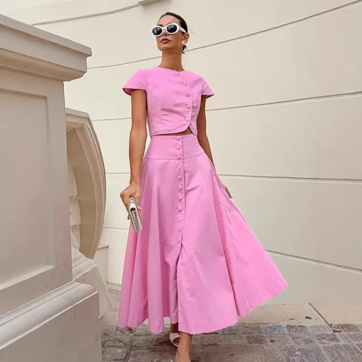 Conjunto e de csa y falda rosa, traje de dos piezas a la moda de verano para mujer, vestido largo, estilo e,...