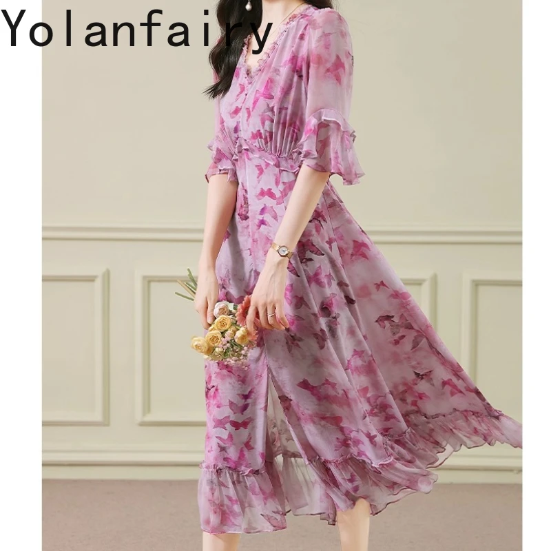 YOLANFAIRY 100% فستان حريري التوت الطبيعي للنساء أوائل الخريف الراقية فساتين طويلة امرأة أنيقة الأزهار الوردي فستان 2025