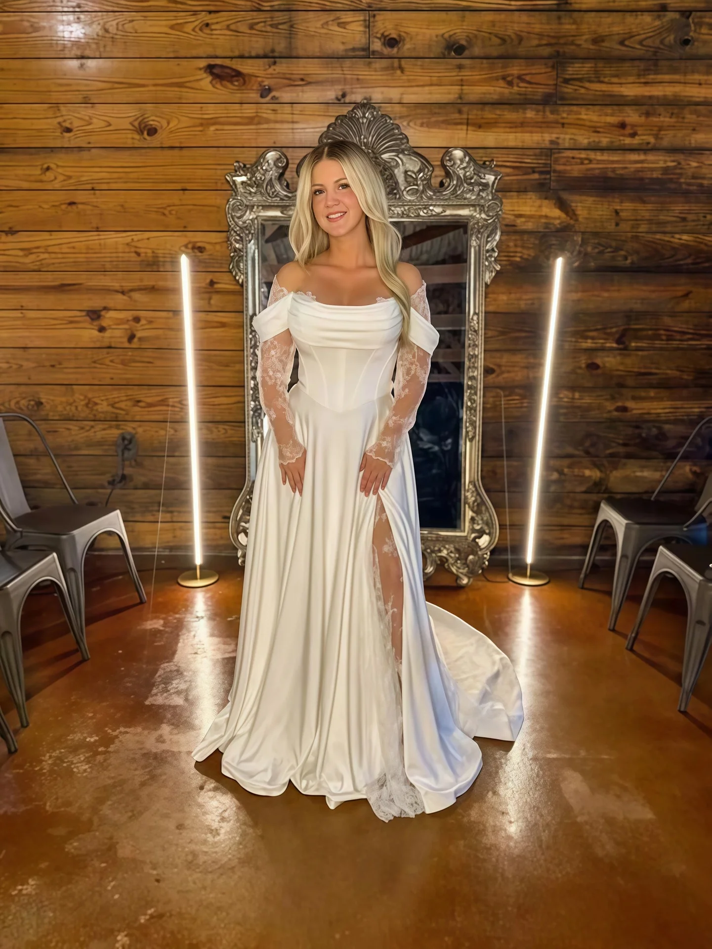 2026 Off Shoulder Satin Wedding Dress Lace Sleeve Corset Slit Chapel Train Ivory A Line Bridal Gown For Bride Custom Size