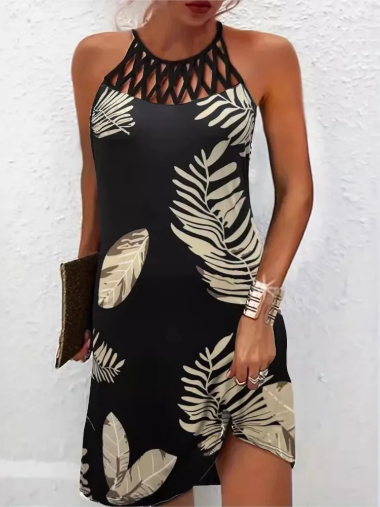 

New Spring Summer Round Neck Sexy Hollow Out Round Neck Slim Fit Sleeveless Hanging Neck Fashionable Printed Dress