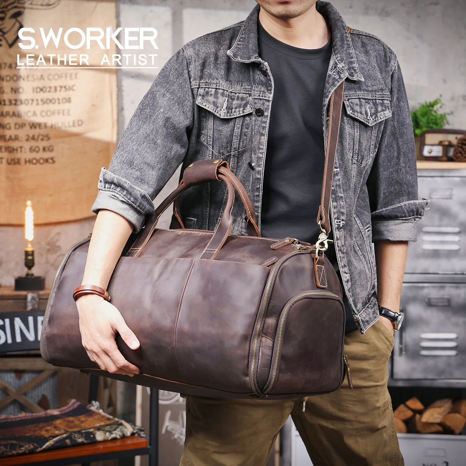 S.WORKER Echtleder-Reisetasche für Herren, große Kapazität, Vintage-Rindsleder-Reisetasche, Weekender-Sporttasche im Retro-Stil – Detail 2