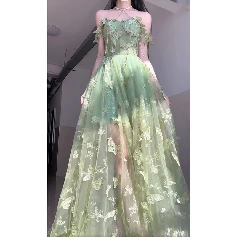 Green Long Luxury Evening Dress Butterfly Embroidery Ball Birthday Dress 2024 New Maxi Party Dresses for Women Wedding Shooting