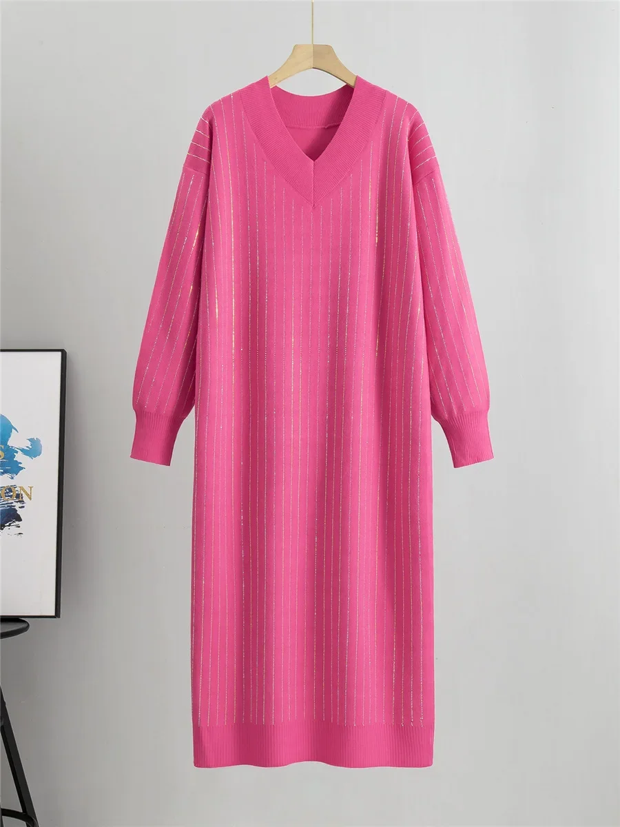 

Women Elegant V-neck Knitted Dress Spring Fall Chic Solid Underlay Vestidos Korean Rhinestone Design Knitwears Sweater Dresses