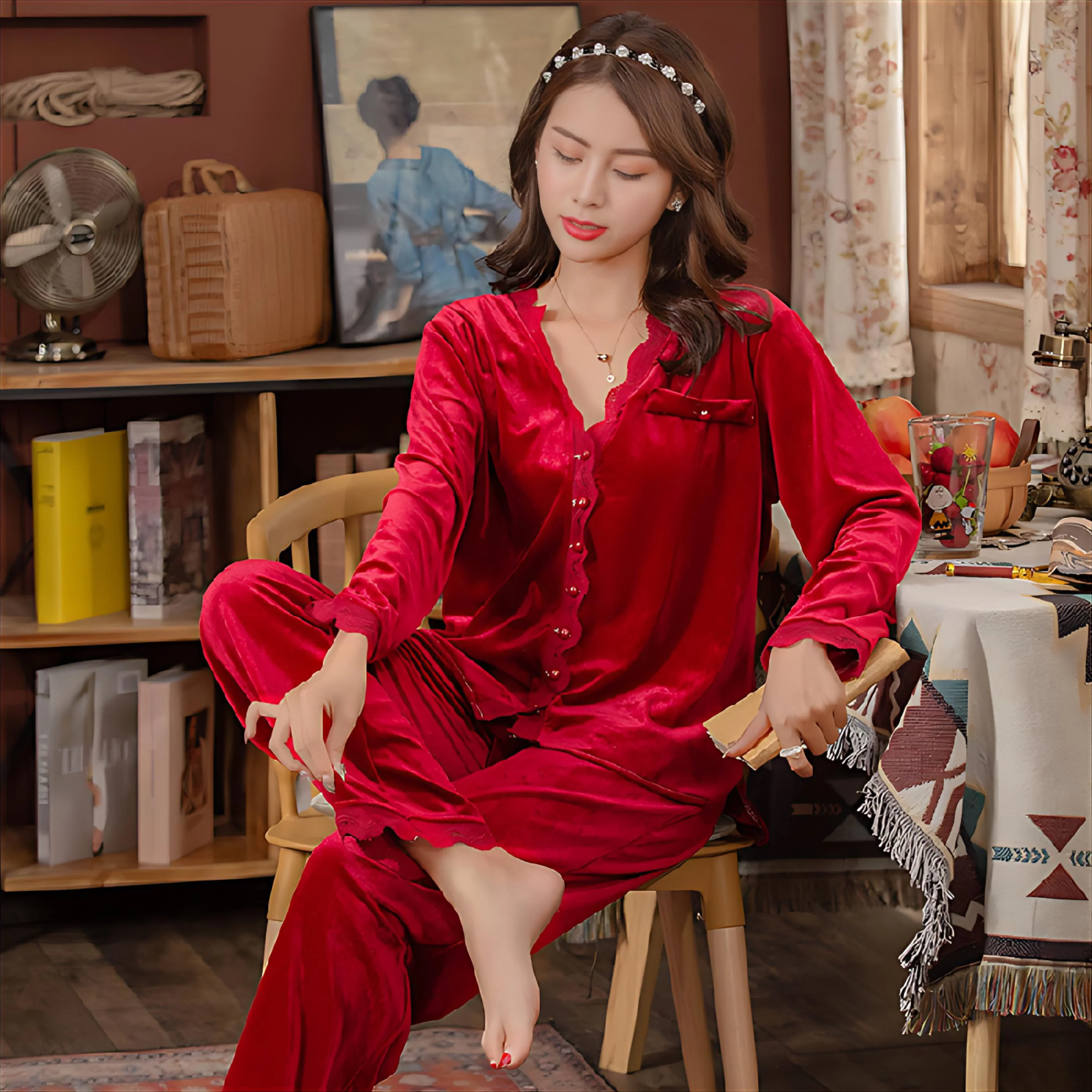 

Pajama Sets Valentines Day Women Cotton Coral Leopard Print Natural Fiber Moisture Absorbing Skin-Friendly Round Neck Short 2026