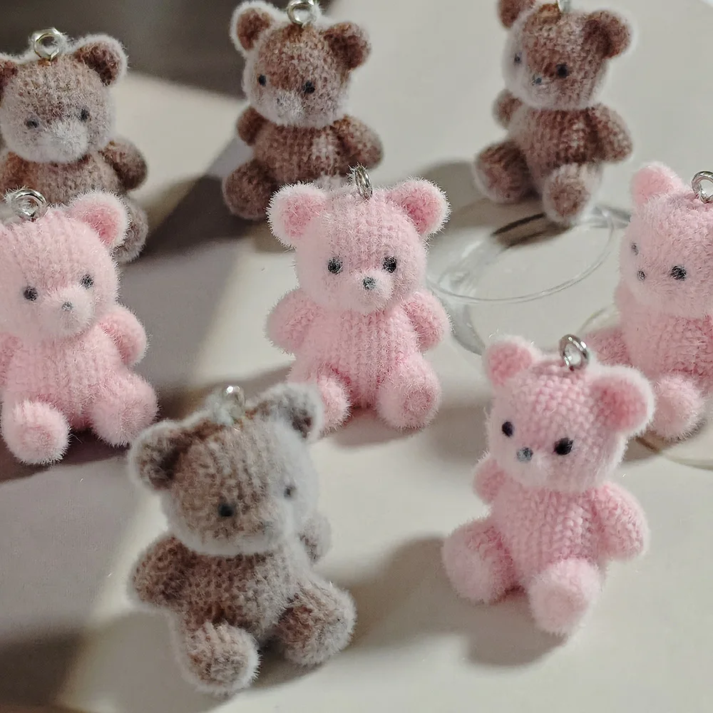 30Pcs 3D Fluffy Bear Resin Charms Kawaii Flocked Cartoon Bear Pendants for Keychain DIY Necklace Jewelry Making Accessories