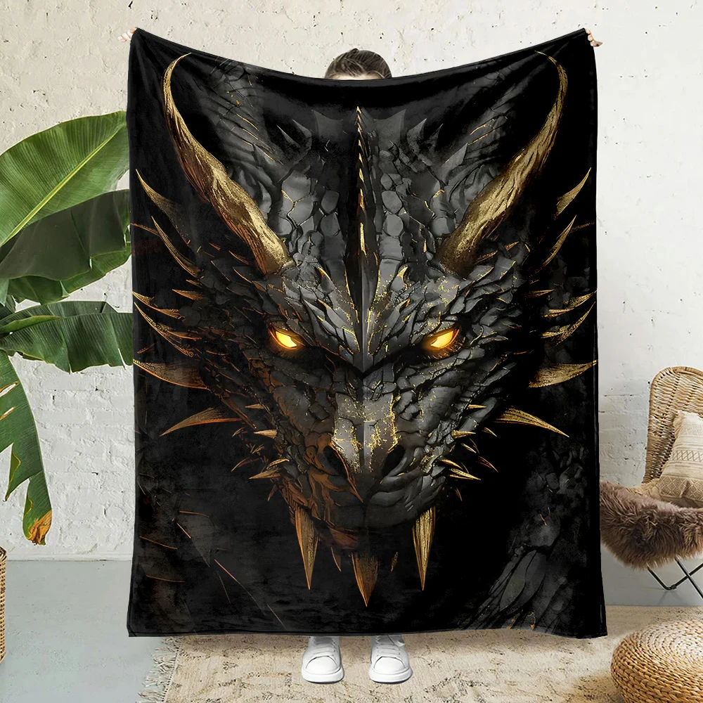 Black gold dragon glowing eyes sharp horns Print Blanket Warm Soft Fluffy Kids Adult Sofa Bed Throw Outdoor Travel Camping RV